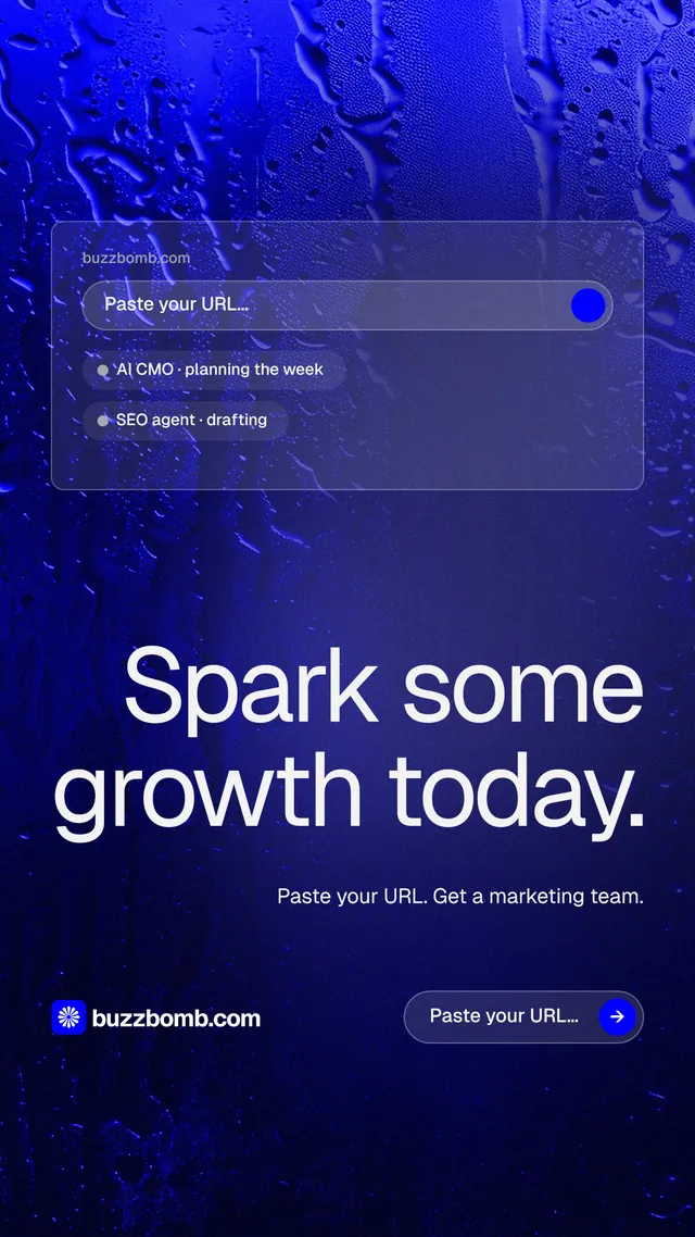 Instagram story for BuzzBomb: "Spark some growth today." Agentic glass style, right layout, dark palette in black, blue.
