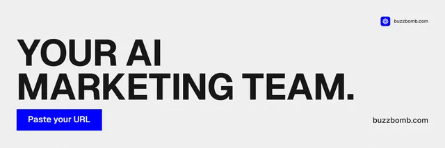 X header for BuzzBomb: "Your AI marketing team." Swiss style, poster layout, light palette in white, grey.
