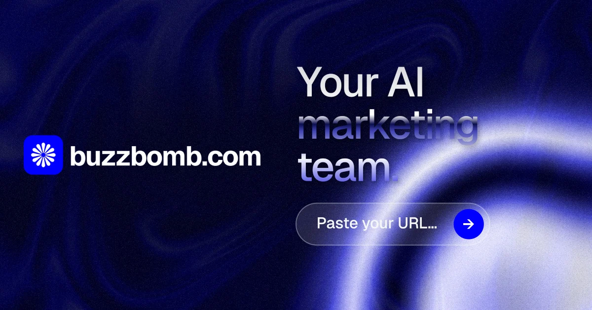 Social ad for BuzzBomb: "Your AI marketing team." Agentic glass style, logo hero layout, dark palette in black, blue.