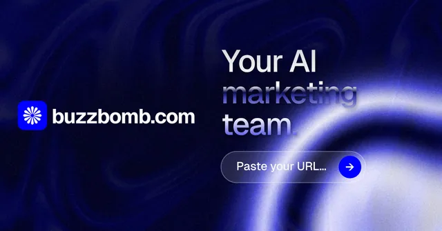 Social ad for BuzzBomb: "Your AI marketing team." Agentic glass style, logo hero layout, dark palette in black, blue.