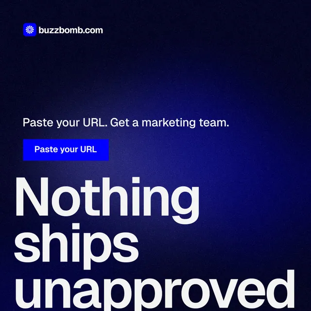 Instagram post for BuzzBomb: "Spark some growth today." Swiss style, oversized layout, dark palette in black, blue, grey.