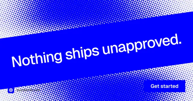 Social ad for BuzzBomb: "Nothing ships unapproved." Swiss style, diagonal layout, dark palette in blue.