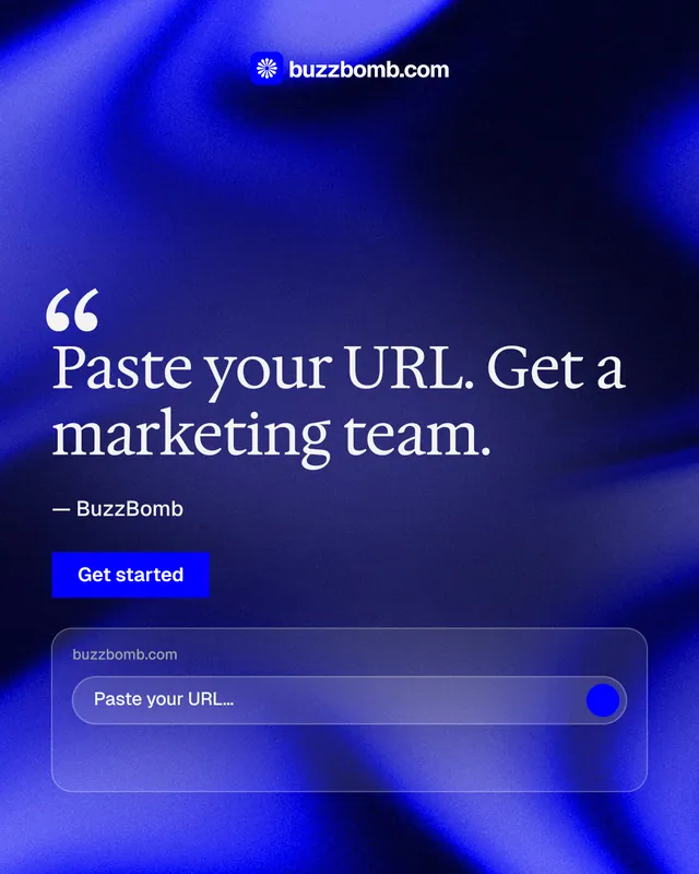 Instagram portrait post for BuzzBomb: "One launch. A week of posts." Swiss style, quote layout, dark palette in blue.