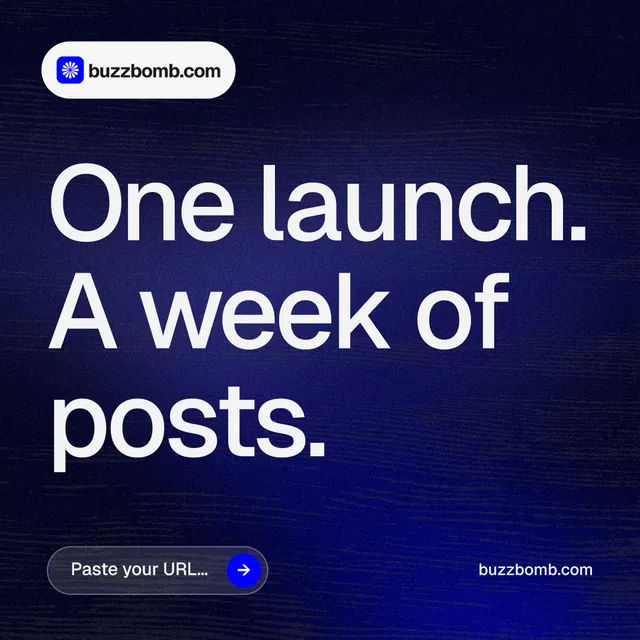 Instagram post for BuzzBomb: "One launch. A week of posts." Agentic glass style, poster layout, dark palette in black, blue, grey.