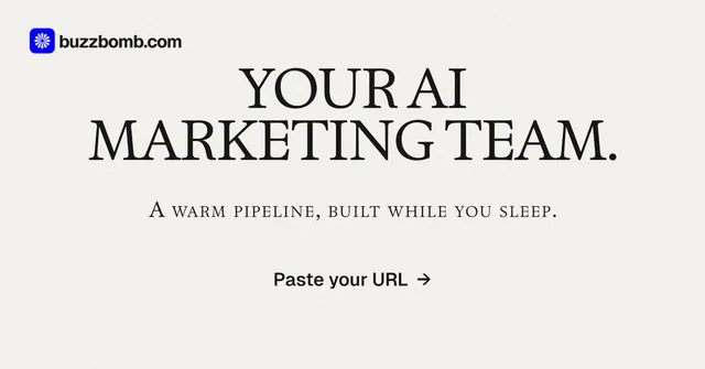 Social ad for BuzzBomb: "Your AI marketing team." Swiss style, smallcaps layout, light palette in white, grey.