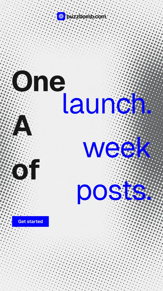 Instagram story for BuzzBomb: "One launch. A week of posts." Swiss style, stacked layout, light palette in white, blue.