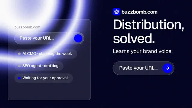 Landscape graphic for BuzzBomb: "Distribution, solved." Agentic glass style, skeleton layout, dark palette in black, blue.