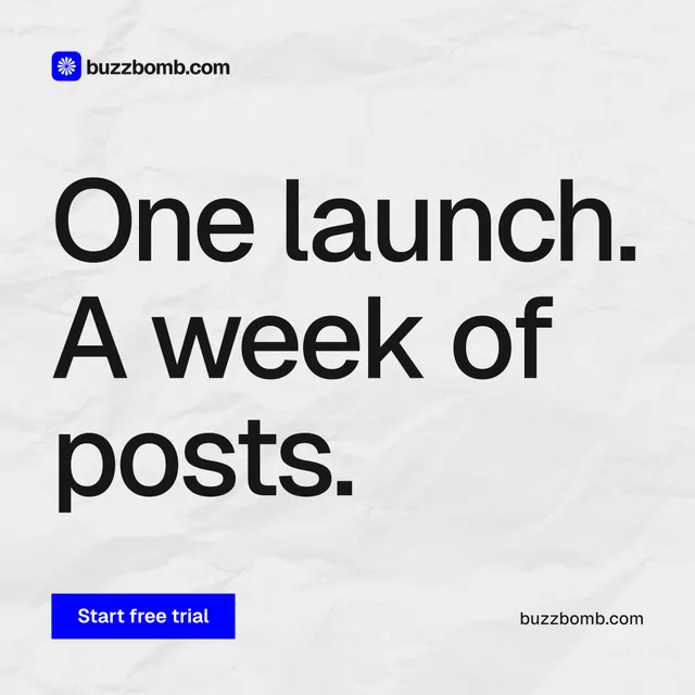 Instagram post for BuzzBomb: "One launch. A week of posts." Swiss style, poster layout, light palette in white, grey.
