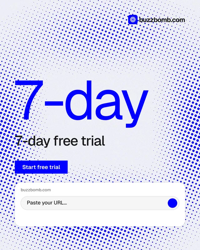 Instagram portrait post for BuzzBomb: "One launch. A week of posts." Split block style, stat layout, light palette in blue, white.