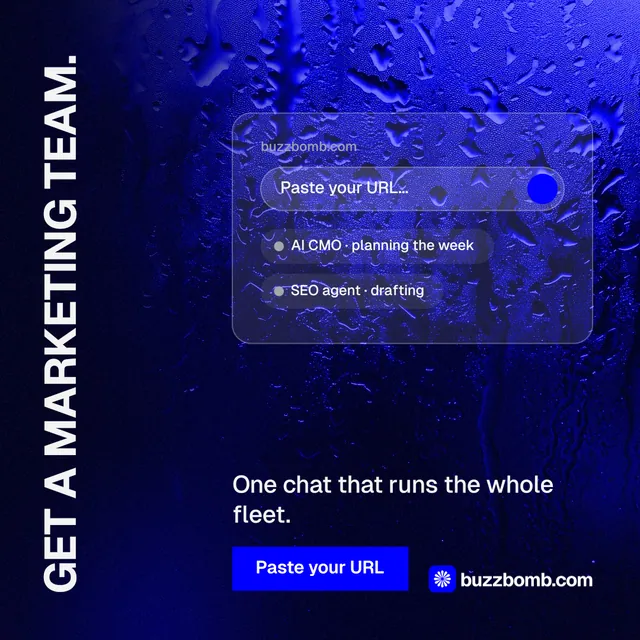 Instagram post for BuzzBomb: "Get a marketing team." Swiss style, vertical layout, dark palette in black, blue.