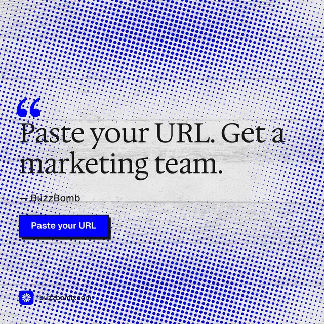 Instagram post for BuzzBomb: "One launch. A week of posts." Brutalist style, quote layout, light palette in blue, white.