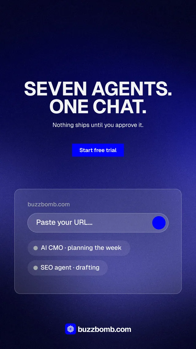 Instagram story for BuzzBomb: "Seven agents. One chat." Swiss style, centred layout, dark palette in black, blue.