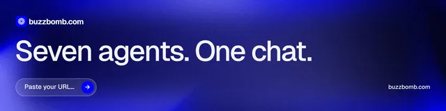 LinkedIn banner for BuzzBomb: "Seven agents. One chat." Agentic glass style, poster layout, dark palette in blue.