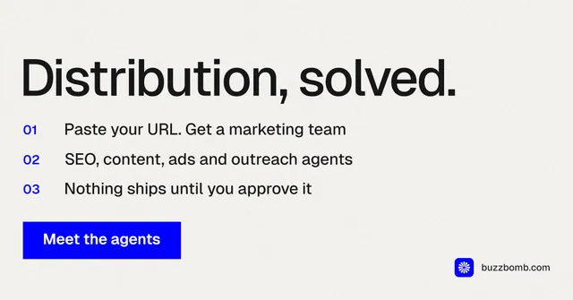 Social ad for BuzzBomb: "Distribution, solved." Swiss style, numbered layout, light palette in white, grey.