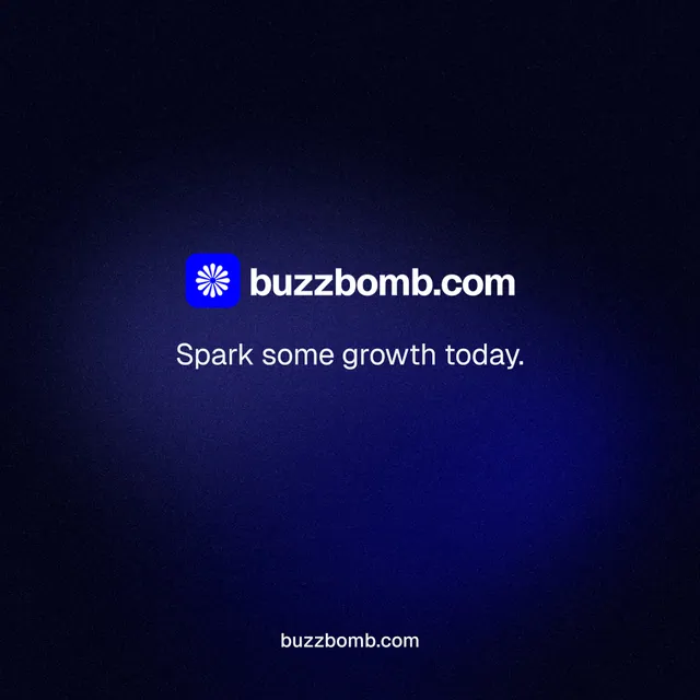 Instagram post for BuzzBomb: "Spark some growth today." Agentic glass style, end card layout, dark palette in black, blue.