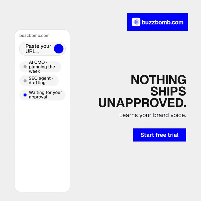 Instagram post for BuzzBomb: "Nothing ships unapproved." Swiss style, right layout, light palette in white, blue.