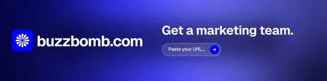 LinkedIn banner for BuzzBomb: "Get a marketing team." Agentic glass style, logo hero layout, dark palette in blue.