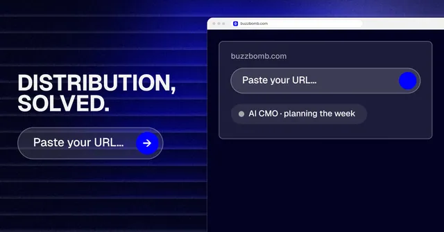 Social ad for BuzzBomb: "Distribution, solved." Agentic glass style, browser layout, dark palette in black, blue, grey.