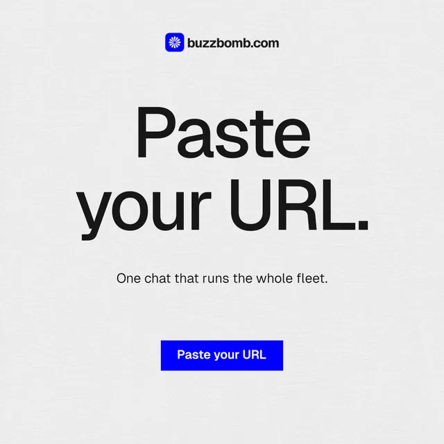 Instagram post for BuzzBomb: "Paste your URL." Swiss style, centred layout, light palette in white, grey.