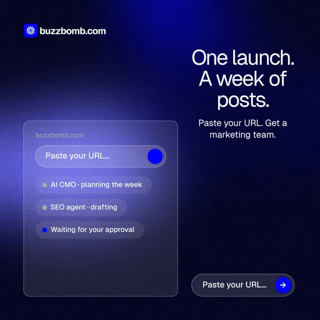 Instagram post for BuzzBomb: "One launch. A week of posts." Agentic glass style, skeleton layout, dark palette in black, blue.