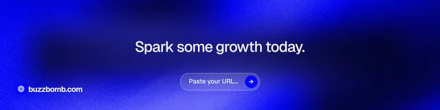 LinkedIn banner for BuzzBomb: "Spark some growth today." Agentic glass style, centred layout, dark palette in blue.