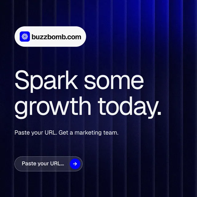 Instagram post for BuzzBomb: "Spark some growth today." Agentic glass style, announce layout, dark palette in black, blue, grey.