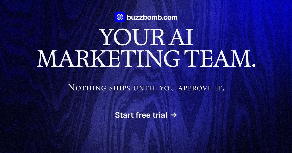 Social ad for BuzzBomb: "Your AI marketing team." Agentic glass style, smallcaps layout, dark palette in black, blue.