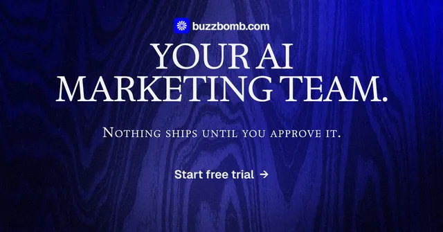 Social ad for BuzzBomb: "Your AI marketing team." Agentic glass style, smallcaps layout, dark palette in black, blue.