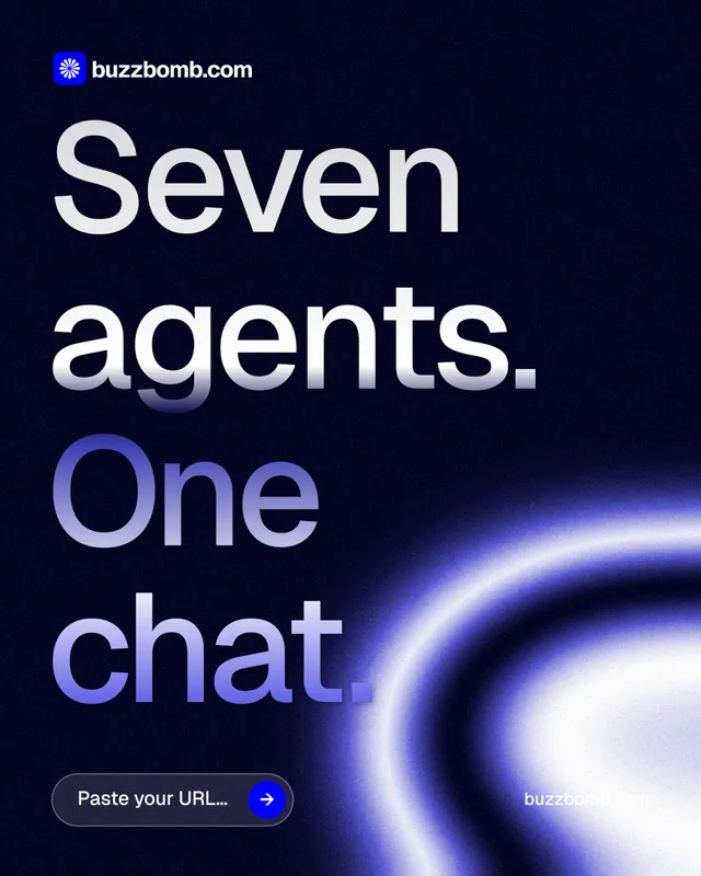 Instagram portrait post for BuzzBomb: "Seven agents. One chat." Agentic glass style, poster layout, dark palette in black, blue.