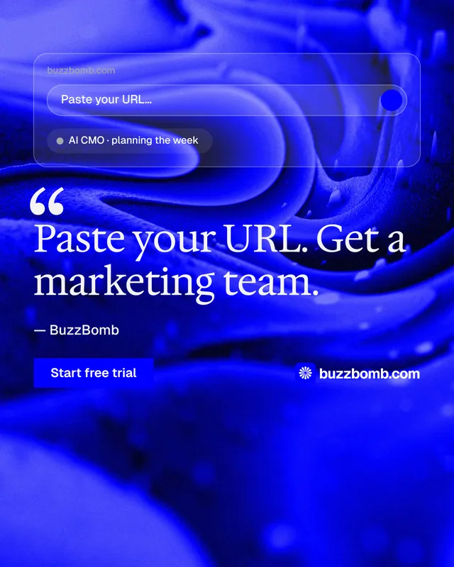 Instagram portrait post for BuzzBomb: "Spark some growth today." Swiss style, quote layout, dark palette in blue.
