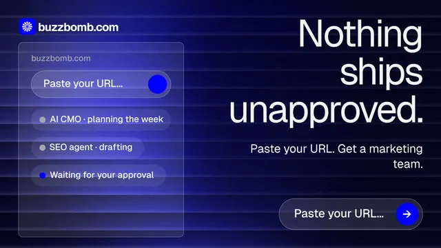 Landscape graphic for BuzzBomb: "Nothing ships unapproved." Agentic glass style, right layout, dark palette in black, blue.
