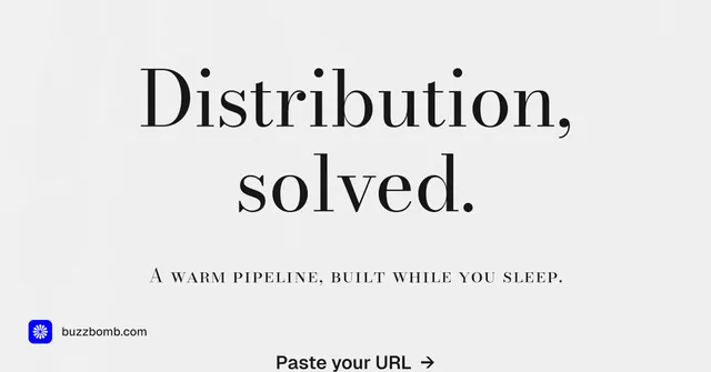 Social ad for BuzzBomb: "Distribution, solved." Minimal luxury style, smallcaps layout, light palette in white, grey.