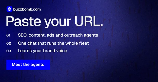 Social ad for BuzzBomb: "Paste your URL." Swiss style, numbered layout, dark palette in blue.