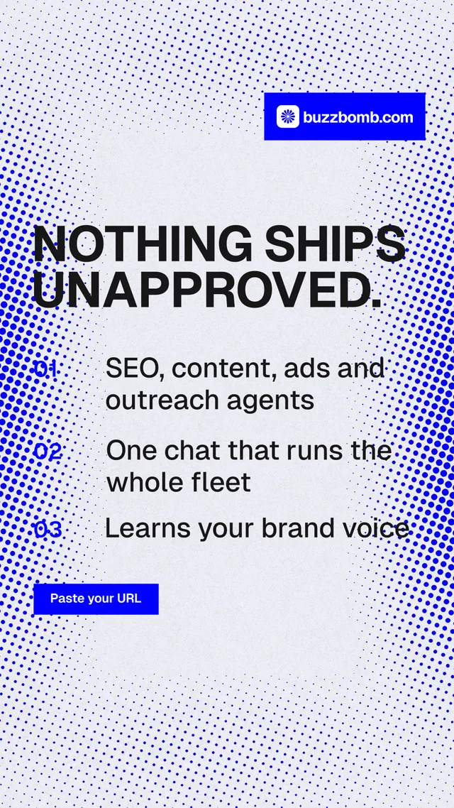 Instagram story for BuzzBomb: "Nothing ships unapproved." Swiss style, numbered layout, light palette in blue, white.