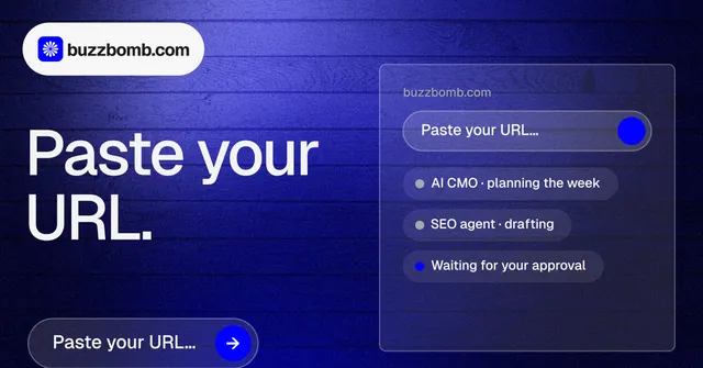 Social ad for BuzzBomb: "Paste your URL." Agentic glass style, bottom layout, dark palette in blue.