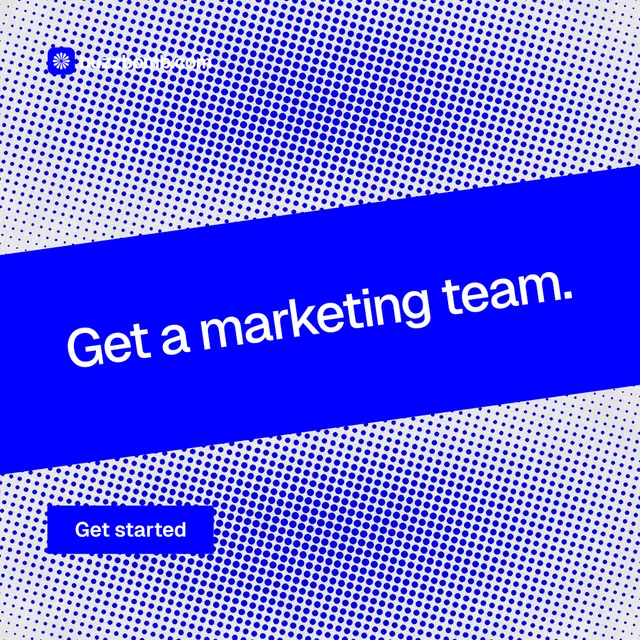 Instagram post for BuzzBomb: "Get a marketing team." Swiss style, diagonal layout, light palette in blue.