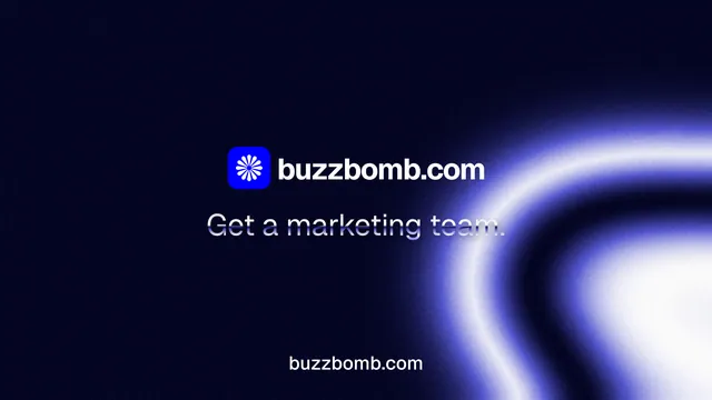Landscape graphic for BuzzBomb: "Get a marketing team." Agentic glass style, end card layout, dark palette in black, blue.