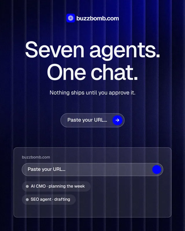 Instagram portrait post for BuzzBomb: "Seven agents. One chat." Agentic glass style, centred layout, dark palette in black, blue, grey.