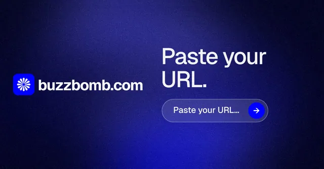 Social ad for BuzzBomb: "Paste your URL." Agentic glass style, logo hero layout, dark palette in black, blue.