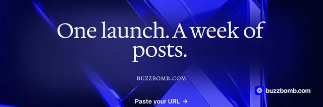 X header for BuzzBomb: "One launch. A week of posts." Agentic glass style, smallcaps layout, dark palette in black, blue.