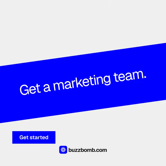 Instagram post for BuzzBomb: "Get a marketing team." Swiss style, diagonal layout, light palette in white, blue.