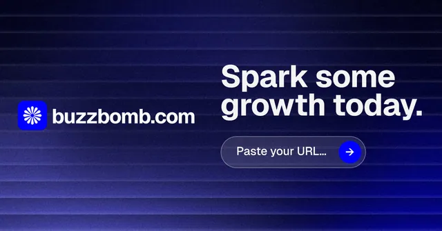 Social ad for BuzzBomb: "Spark some growth today." Agentic glass style, logo hero layout, dark palette in black, blue.