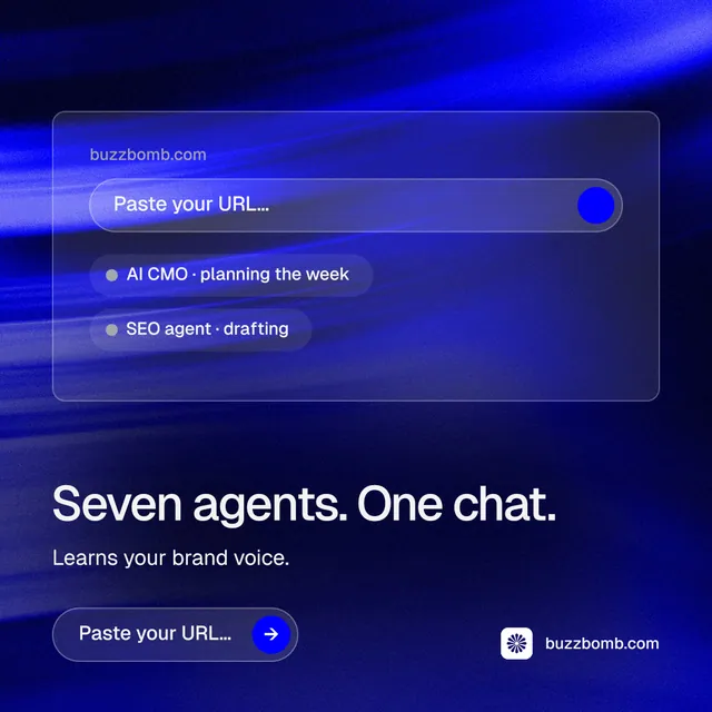 Instagram post for BuzzBomb: "Seven agents. One chat." Agentic glass style, bottom layout, dark palette in blue.