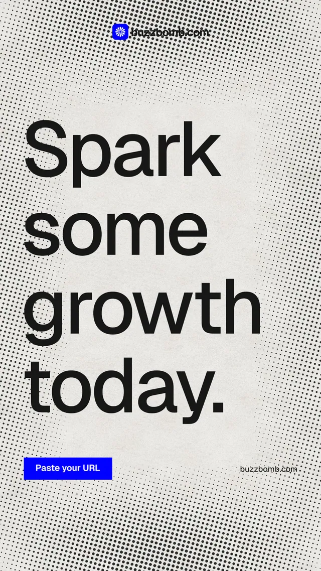 Instagram story for BuzzBomb: "Spark some growth today." Swiss style, poster layout, light palette in grey, white.