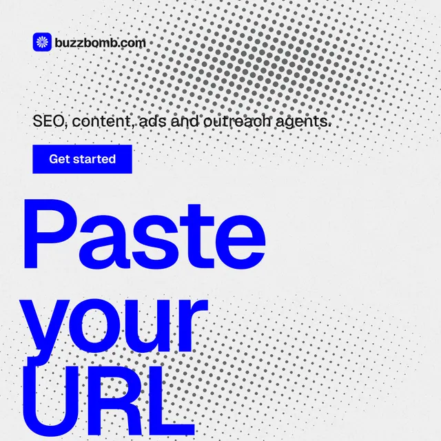 Instagram post for BuzzBomb: "Get a marketing team." Swiss style, oversized layout, light palette in white, blue.