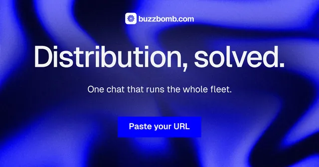 Social ad for BuzzBomb: "Distribution, solved." Swiss style, centred layout, dark palette in blue.