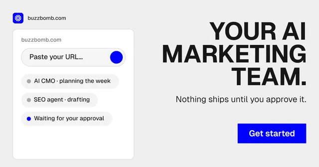 Social ad for BuzzBomb: "Your AI marketing team." Swiss style, right layout, light palette in white, grey.