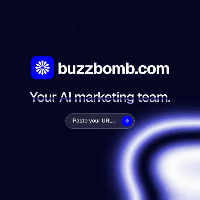 Instagram post for BuzzBomb: "Your AI marketing team." Agentic glass style, logo hero layout, dark palette in black, blue.