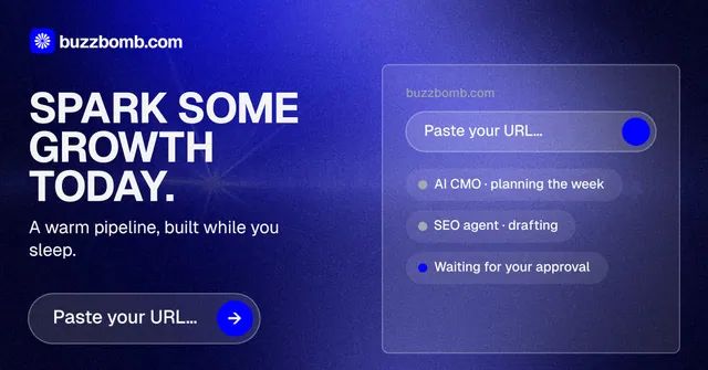 Social ad for BuzzBomb: "Spark some growth today." Agentic glass style, bottom layout, dark palette in blue.