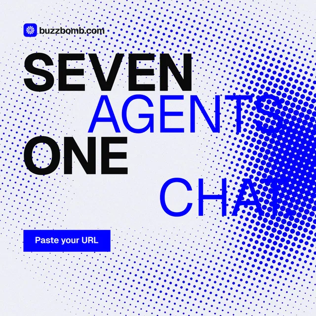 Instagram post for BuzzBomb: "Seven agents. One chat." Split block style, stacked layout, light palette in blue, white.